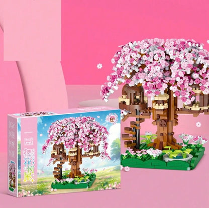 Casa del árbol de cerezo rosa con bonsái | Juguetes de alta calidad