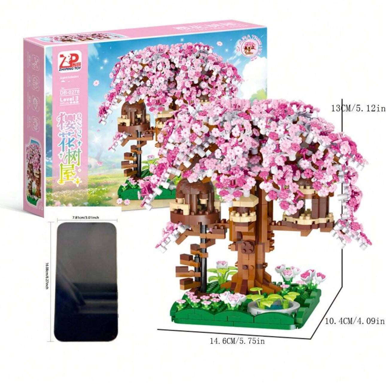 Casa del árbol de cerezo rosa con bonsái | Juguetes de alta calidad